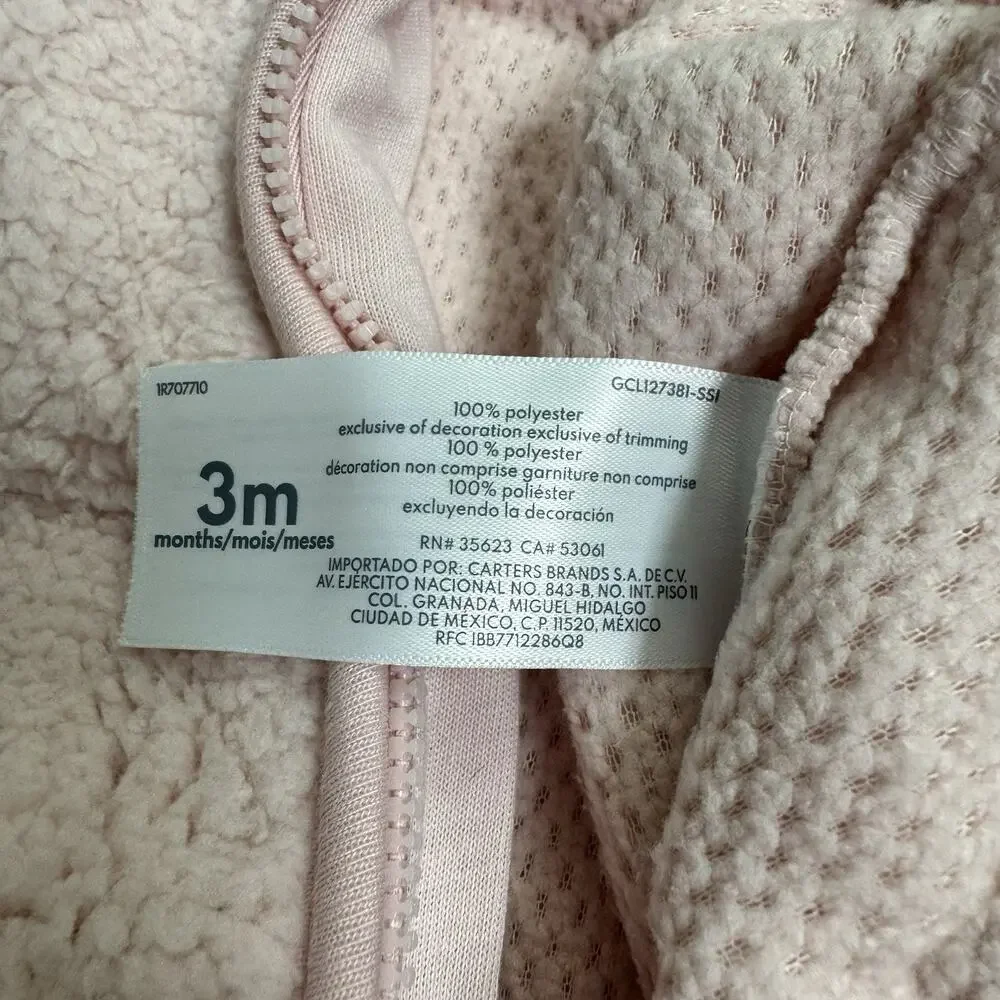 Carters Zip-Up 1 Piece Long Sleeve Fleece Jumpsuit Girls Size 3 Months Pink